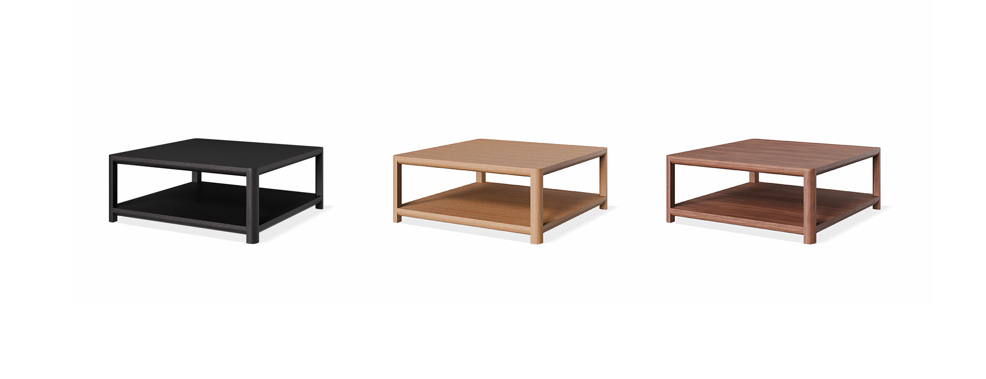 Kris coffee table in three finishes, black stained American Ash, American Oak and American Walnut on a white background