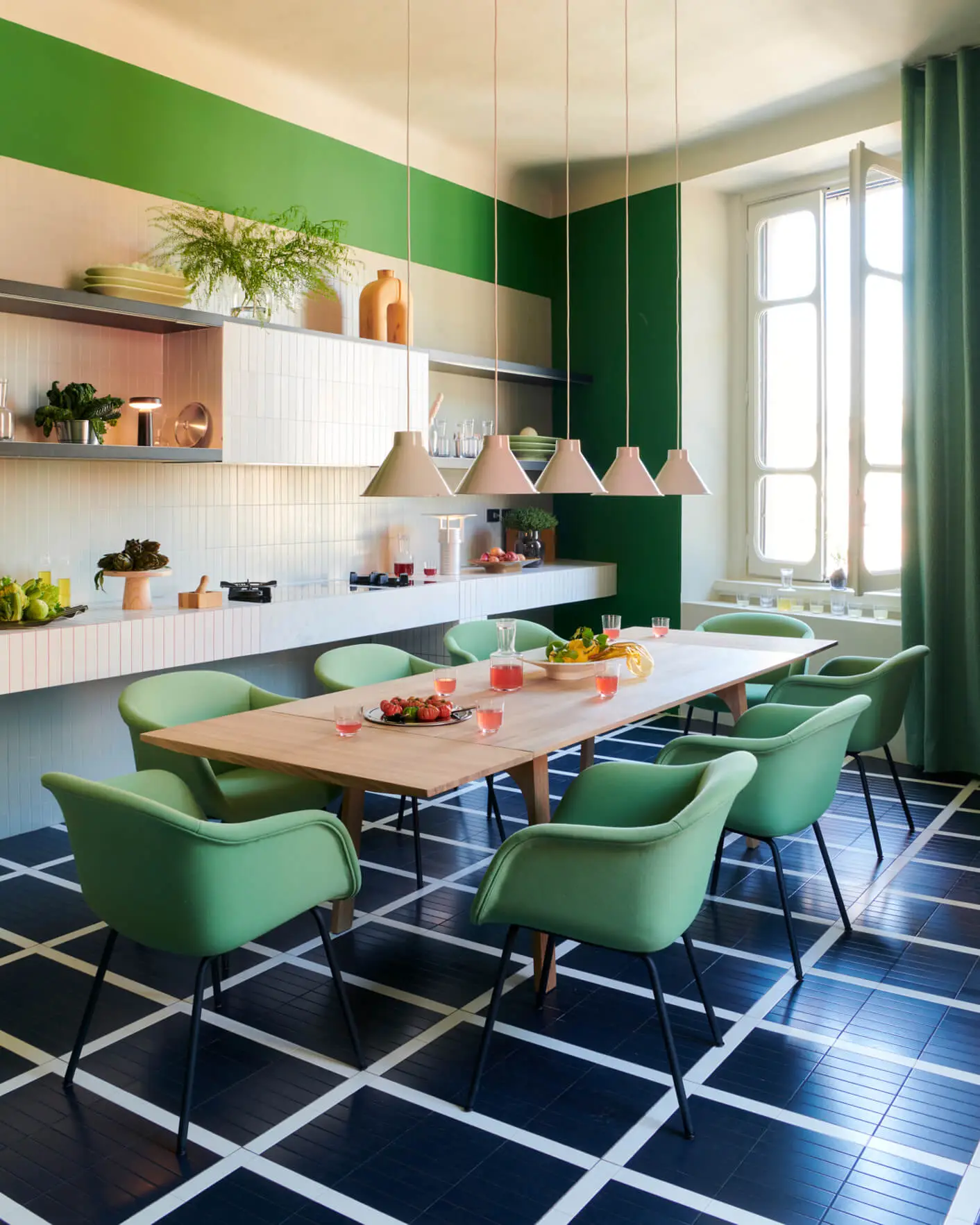 Apartment in Milan, Italy, with bright colorful walls and bright colorful furniture and interior styling