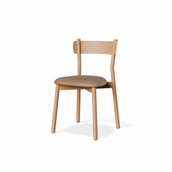 American oak Charlie dining chair with upholstered tan leather seat pad on white background