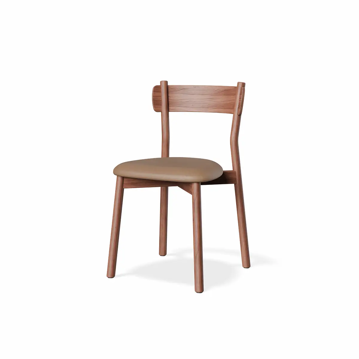 American Walnut Charlie dining chair with upholstered tan leather seat pad on white background