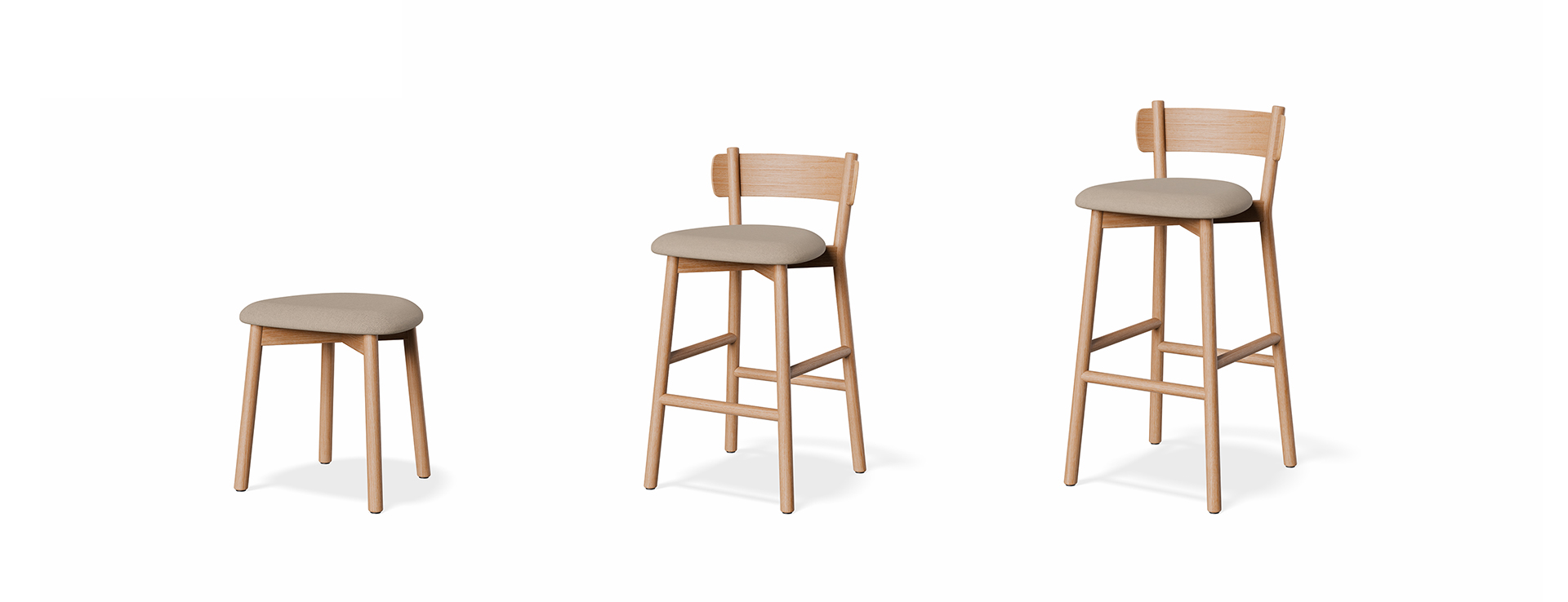 American Oak range of bar stools with a beige fabric upholstered seat base and a seat height of 450mm 650mm and 750mm